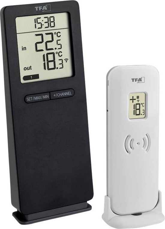 TFA Dostmann Wave draadloze thermometer, buitentemperatuur, binnentemperatuur, maximum- en minimumwaarden, met tijd, weekdag, datum
