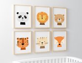 Happy Walls Set van 6 Dieren Babykamer Posters - A4 20x30cm - Kinderposters - Geboorte - Babyshower - Wanddecoratie kinderkamer 1 jaar - 2 jaar - 3 jaar - 4 jaar - 5 jaar - 6 jaar - 7 jaar - Wit
