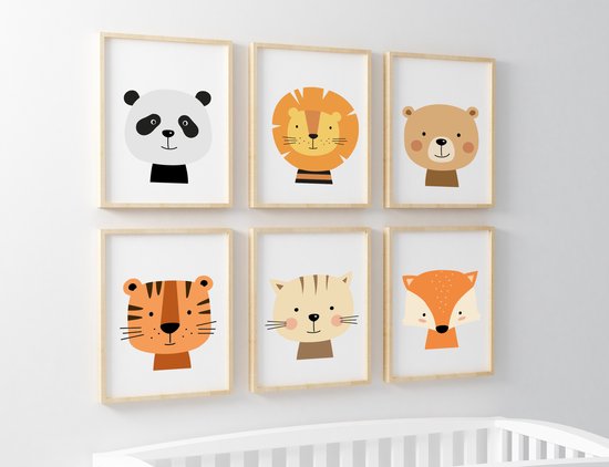 Posters Chambre Chambre de bébé - Set de 6 Animaux - Format A4 20x30cm - Wit