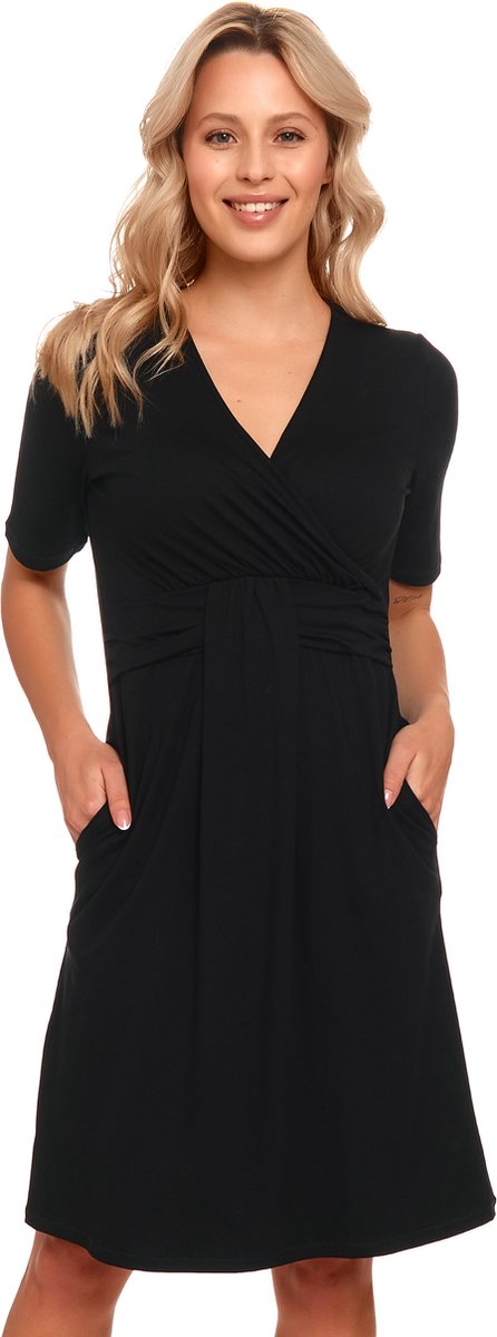 Doctor Nap Nachthemd Bamboe | Nachtjapon Dames | Borstvoeding Nachtkleding | Zwangerschap Nachthemd Korte Mouw | Zwart TCB.9116 S