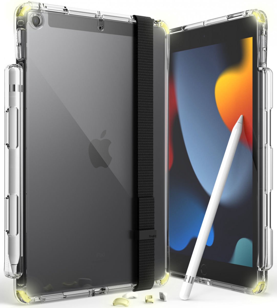 Ringke Fusion+ Apple iPad 10.2 (2019/2020/2021) Hoes Schokbestendig Transparant + Handstrap Zwart en Bumpers Geel/Wit