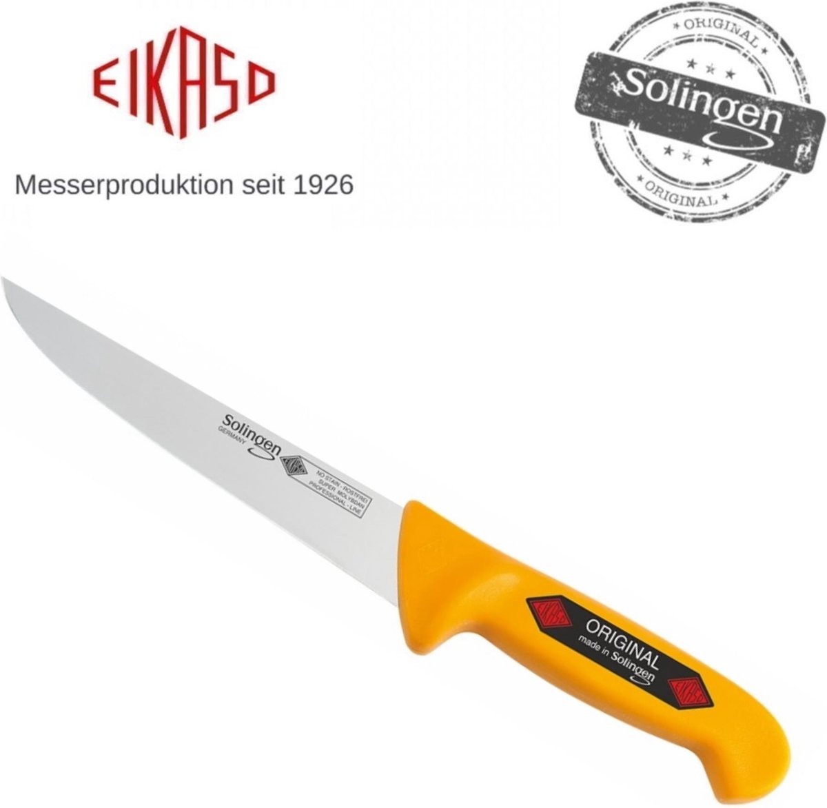 Eikaso Solingen Universeelmes 13 cm – Stijf Lemmet – Roestvrij Staal – Geel Handvat