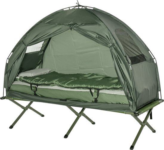 Outsunny Campingbed 4 in 1 campingset incl. tent slaapzak matras opvouwbaar donkergroen B2-0006