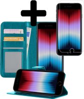 Hoesje Geschikt voor iPhone SE 2022 Hoesje Book Case Hoes Wallet Cover Met Screenprotector - Hoes Geschikt voor iPhone SE (2022) Hoesje Bookcase Hoes - Turquoise
