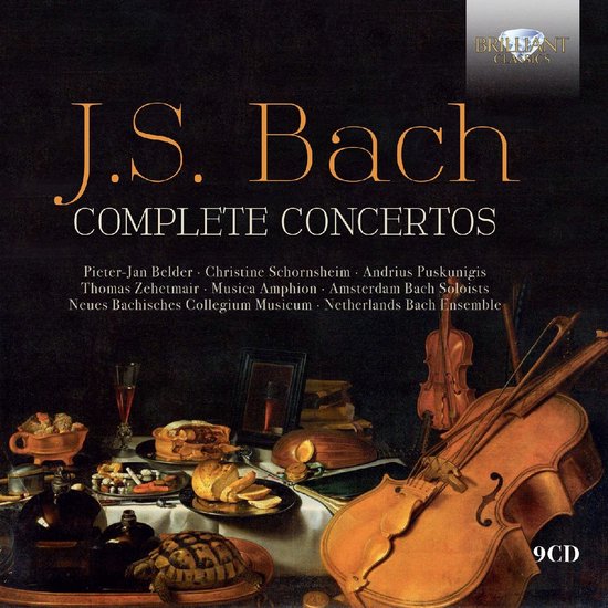 9CD-box van J.S. Bach Complete Concertos met een stilleven schilderij van een cello en etenswaren op een zwarte achtergrond.