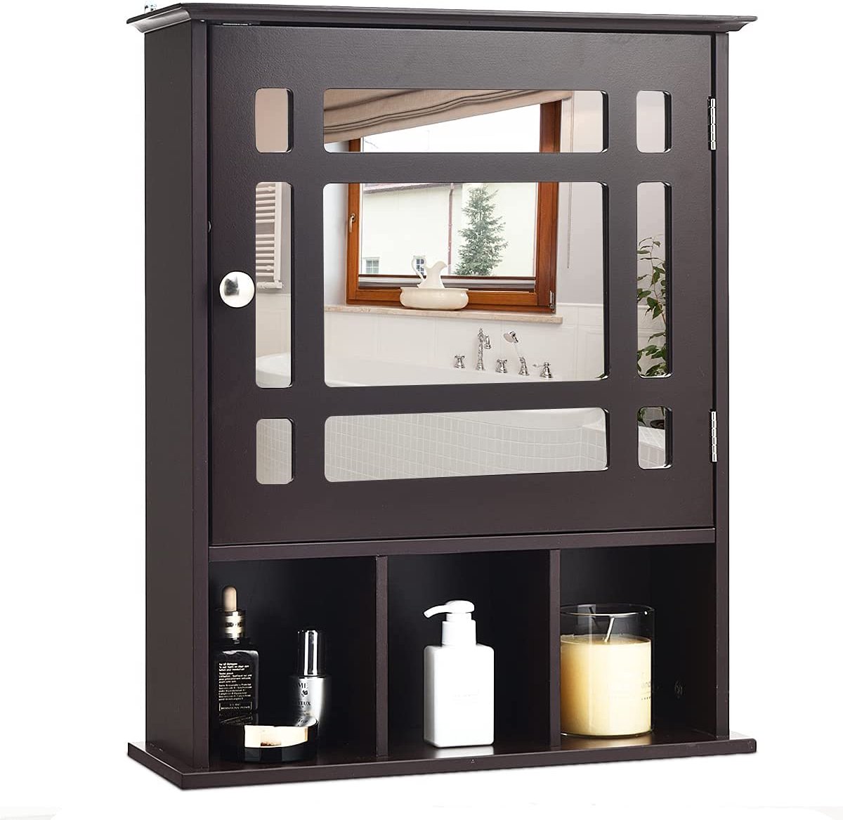 Badkamerkast muur opbergkast, spiegelkast organisator, houten opknoping medicijnkast organisator met verstelbare plank en 3 open vakken (Bruin)