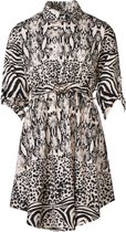 Dames animalprint jurk 3/4 mouwen met kraag, boven knopen, strik-ceintuur met gouden gesp - zwart/wit | Maat XL