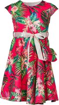 Meisjes jurk kapmouwen met een bijpassend tasje - fuchsia met bloemenprint | Maat 128/ 8Y