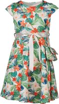 Meisjes jurk kapmouwen met een bijpassend tasje - oranje bloemen en groene bladeren | Maat 104/ 4Y