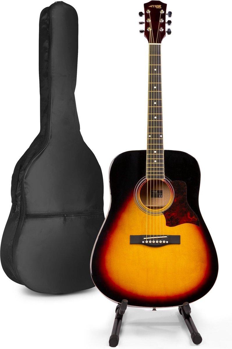 Akoestische gitaar voor beginners - MAX SoloJam Western gitaar - Incl. gitaar standaard gitaar stemapparaat gitaartas en 2x plectrum - Sunburst
