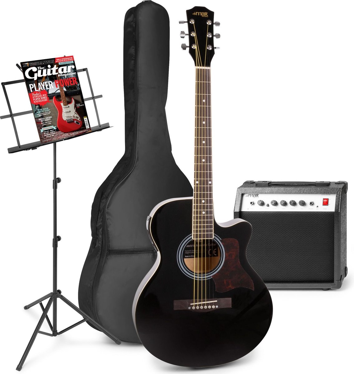Elektrisch akoestische gitaar - MAX ShowKit gitaarset met 40W gitaar versterker, muziekstandaard, gitaar stemapparaat, gitaartas en plectrum - Zwart