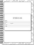 Voorzijde van een adresboek met een label: 'DIT BOEK IS VAN:'. Velden voor naam, straat, pc, plaats, telnr, en e-mail. Grijs patroon op de achtergrond.