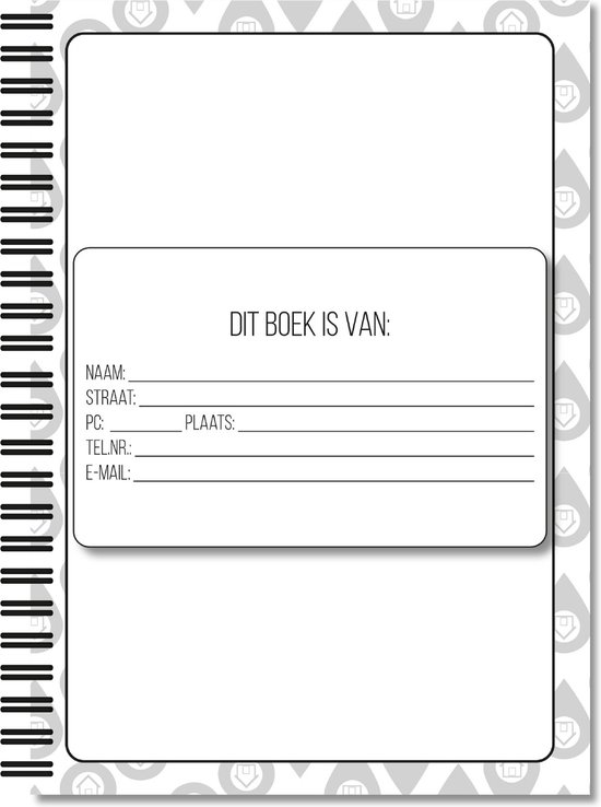 Voorzijde van een adresboek met een label: 'DIT BOEK IS VAN:'. Velden voor naam, straat, pc, plaats, telnr, en e-mail. Grijs patroon op de achtergrond.