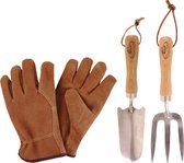 tuingereedschapset RVS/hout/leer bruin 3-delig