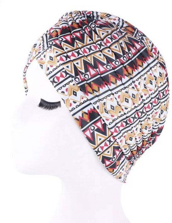 Cabantis Afrikaanse- Hijab - Afrikaans - Tulband - Muts - Haarband - Stretch - Artistiek Rood-Oranje-Zwart (pyramide patronen)