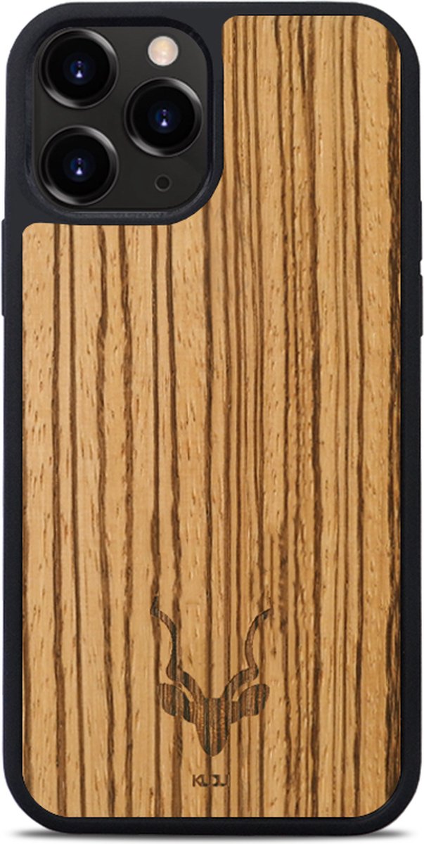 Kudu iPhone 13 Pro hoesje case - Houten backcover - Geschikt voor opladen met magnetische ring - Handgemaakt en afgewerkt met duurzaam TPU - Zebrano - Zwart