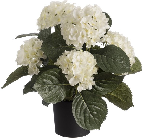 Witte hortensia kunstplant in zwarte kunststof pot 44 cm - Hydrangea - Woondecoratie