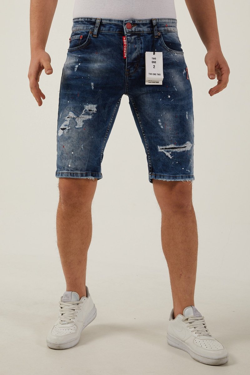 212 By Xway Jeans K-509 | Ripped met Paint Splatter Heren Slim Fit Jeans Shorts | Korte Spijkerbroek | Slim Fit | Premium Street Fashion | Blauw