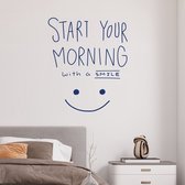 Stickerheld - Muursticker "Start your morning with a smile" Quote - Slaapkamer - inspirerend - Engelse Teksten - Mat Donkerblauw - 65.4x55cm