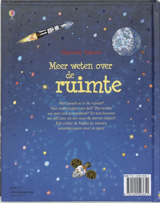 Achterkant boek 'Meer weten over de ruimte' met een illustratie van een raket, de aarde, een satelliet, sterren en tekst.