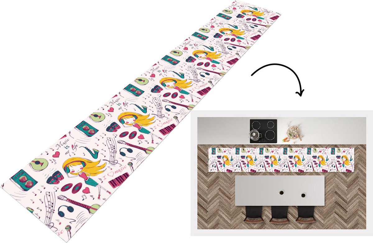 KitchenYeah Keukenloper - Keukenmat - Meiden - Muziek - Koptelefoon - Patronen - Keuken vloerkleed Multicolor