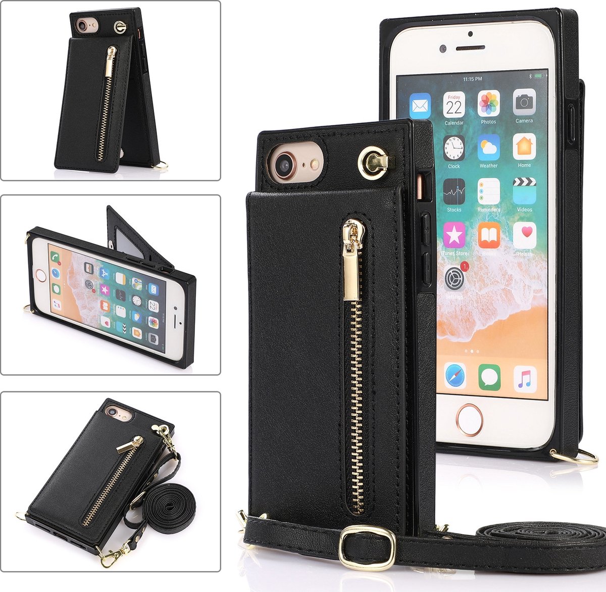 Geschikt Voor iPhone 8/7/SE 2022/2020 Hoesje Met Koord - Solidenz Portemonnee Hoes - Telefoonhoesje Met Koord - Wallet Case - Cover Hoes Met Koordje - Backcover Met Koord - Zwart