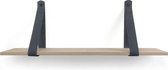 Eiken wandplank 18 mm 80 x 30 cm met leren riemen grijs - Eikenhouten wandplank - Wandplank hout - Leren plankdragers - Wandplank industrieel