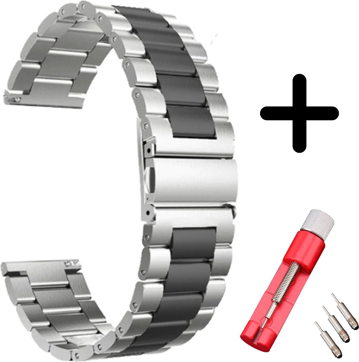 Strap-it bandje staal zilver/zwart + toolkit geschikt voor Fitbit Versa 3 / Fitbit Sense