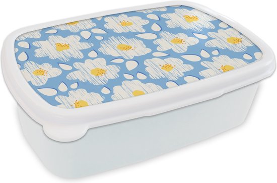 Broodtrommel Wit - Lunchbox - Brooddoos - Meiden - Bloemen - Blauw - Patronen - Girl - Kids - Kinderen - Kind - 18x12x6 cm - Volwassenen