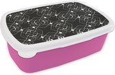 Broodtrommel Roze - Lunchbox - Brooddoos - Patroon - Lijn - Zwart Wit - 18x12x6 cm - Kinderen - Meisje