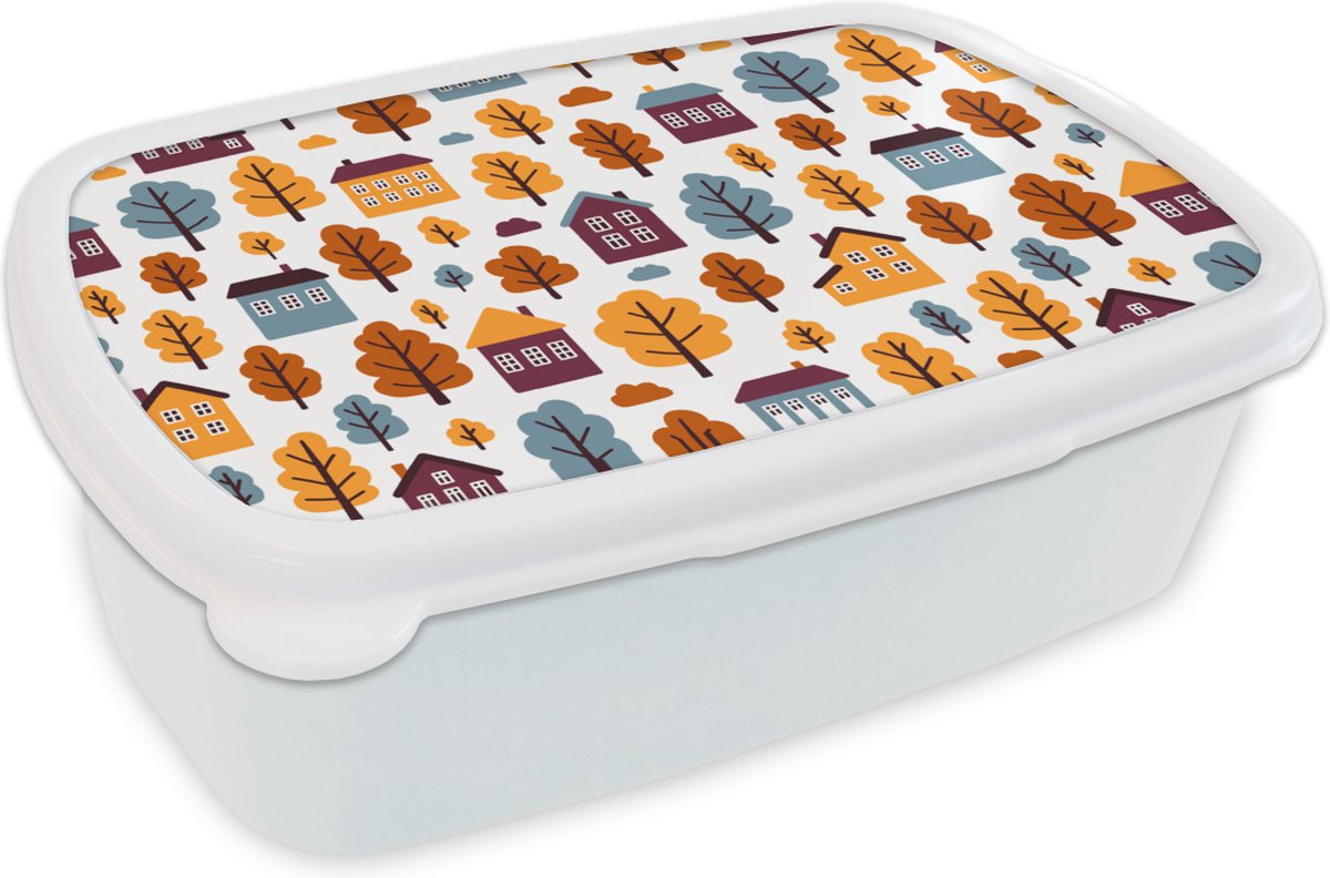 Broodtrommel Wit - Lunchbox - Brooddoos - Patronen - Huis - Bomen - 18x12x6 cm - Volwassenen