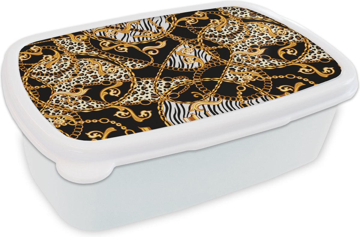 Broodtrommel Wit - Lunchbox - Brooddoos - Ketting - Goud - Panter - Zebra - 18x12x6 cm - Volwassenen