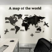 3D Wereldkaart - Muursticker Wereldkaart - Decoratieve Muursticker - Kwaliteitsvolle Uitvoering - Maat M - 60x120 cm - Zwart