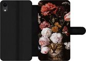 Bookcase Geschikt voor iPhone XR telefoonhoesje - Kat - Bloemen - Kunst - Met vakjes - Wallet case met magneetsluiting