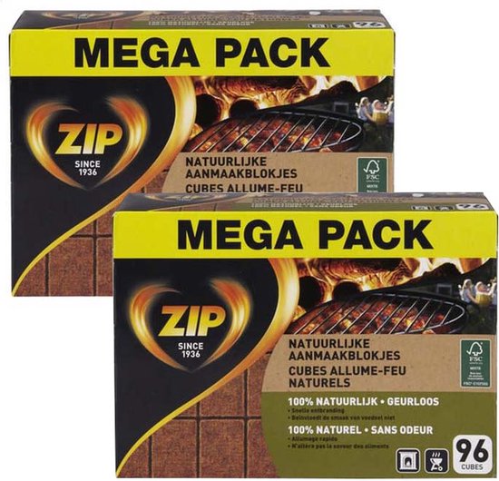 Zip Firelighters Regular - 100% Naturel - 2 x 96 pièces (192 pièces)