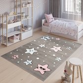 Tapiso Baby Vloerkleed Grijs Blauw Roze Sterren Kinderkamer Tapijt Maat- 120x170