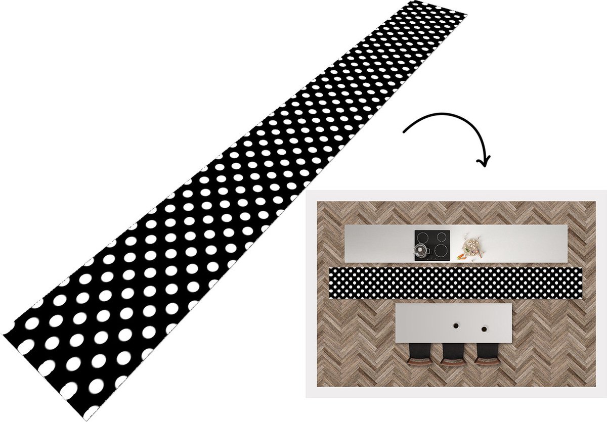 KitchenYeah Keukenloper - Keukenmat - Stippen - Patronen - Zwart Wit - 400x50 cm - Keuken vloerkleed Zwart; Wit