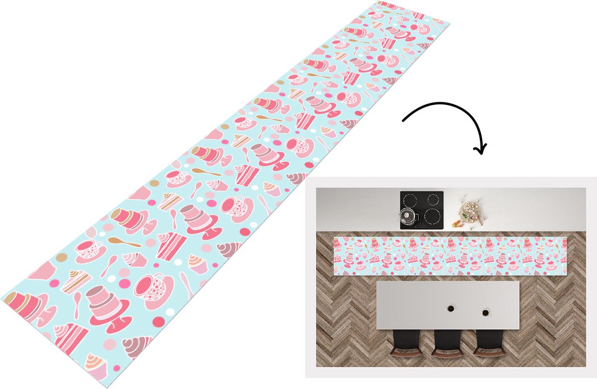KitchenYeah Keukenloper - Keukenmat - Taart - Thee - Cupcake - Roze - Design - Keuken vloerkleed Multicolor