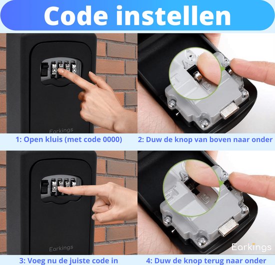 Stappen voor het instellen van de code van een sleutelkluis: open met code 0000, duw knop, voer nieuwe code in, duw knop terug.