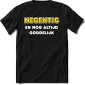 90 Jaar Goddelijk - Feest kado T-Shirt Heren / Dames - Wit / Geel - Perfect Verjaardag Cadeau Shirt - grappige Spreuken, Zinnen en Teksten. Maat XL