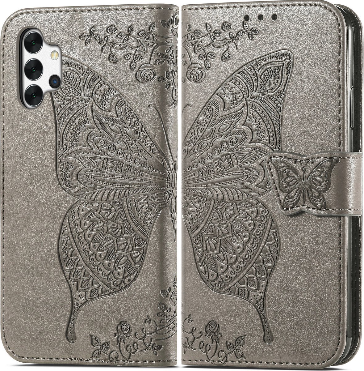Bookcase geschikt voor Samsung Galaxy A32 4G - Grijs - Vlinder - Portemonnee Hoesje