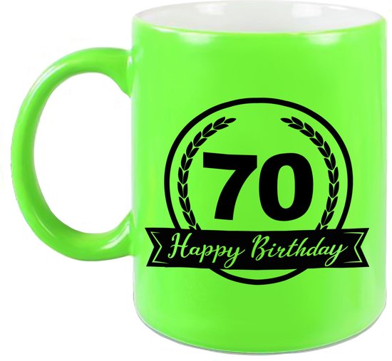 Foto: Happy birthday 70 years cadeau mok beker met wimpel 330 ml neon groen verjaardag