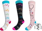 Jouw medische shop - 3 paar compressiekousen - hartslag(zwart) - hartslag(wit) - Pink - Maat 36-41 -Compressiesokken - sokken - medische sokken - medsocks- steunkousen - chaussette