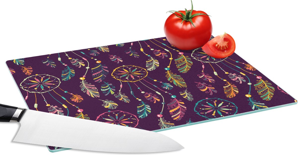 Glazen Snijplank - 28x20 - Dromenvanger - Veren - Patronen - Regenboog - Boho - Snijplanken Glas