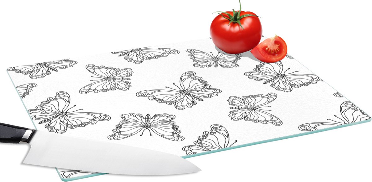 Glazen Snijplank - 39x28 - Vlinders - Patronen - Zwart Wit - Snijplanken Glas