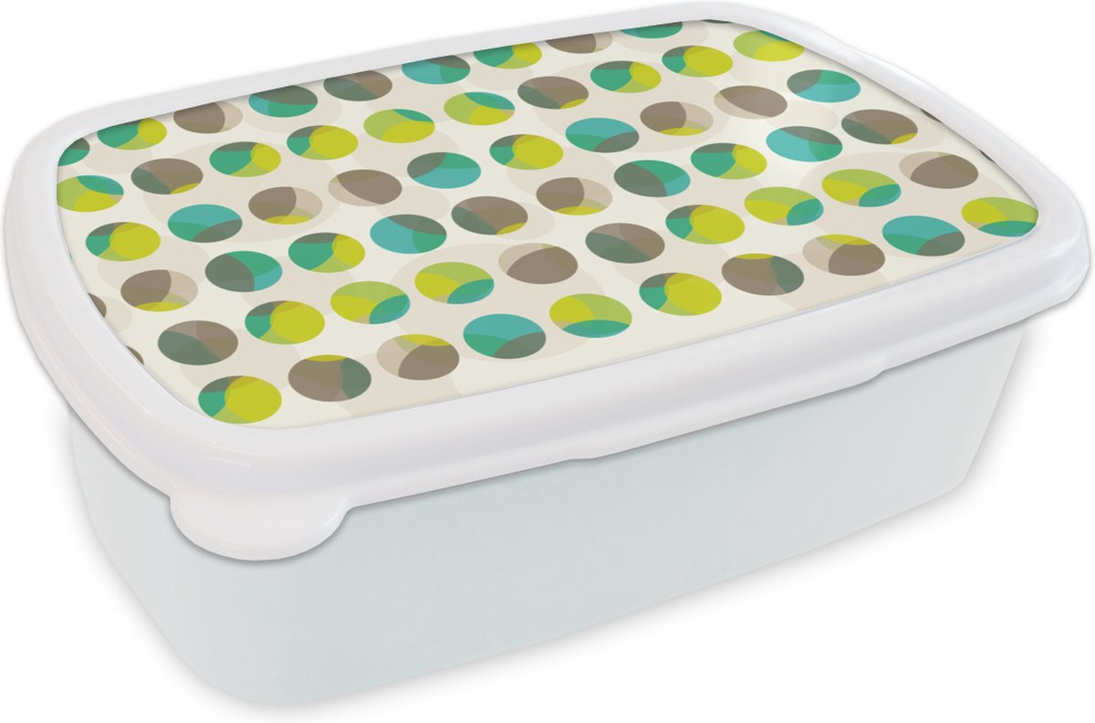 Broodtrommel Wit - Lunchbox - Brooddoos - Cirkel - Groen - Patroon - 18x12x6 cm - Volwassenen