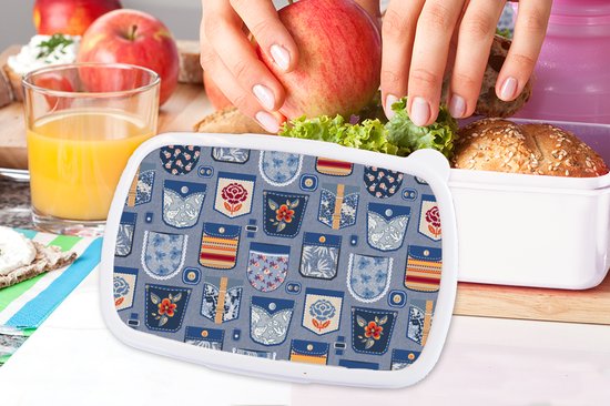 Lunch box Wit - Lunch box - Boîte à pain - Pantalons - Denim - Patch - Motifs - 18x12x6 cm - Adultes