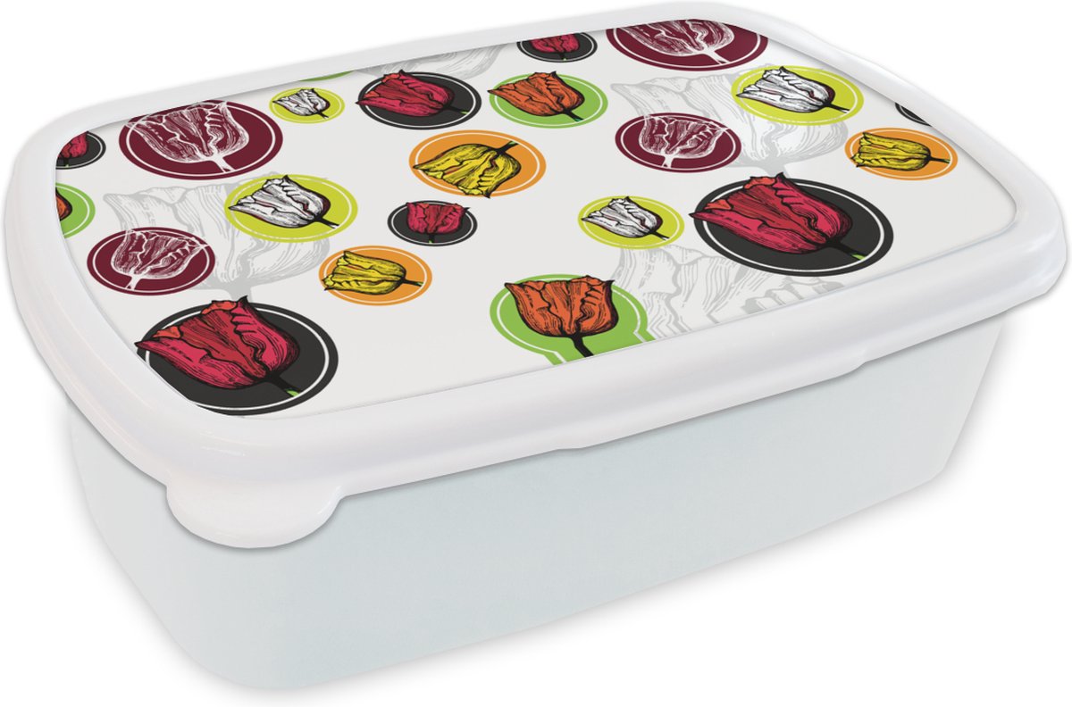 Broodtrommel Wit - Lunchbox - Brooddoos - Tulp - Bloemen - Patronen - 18x12x6 cm - Volwassenen