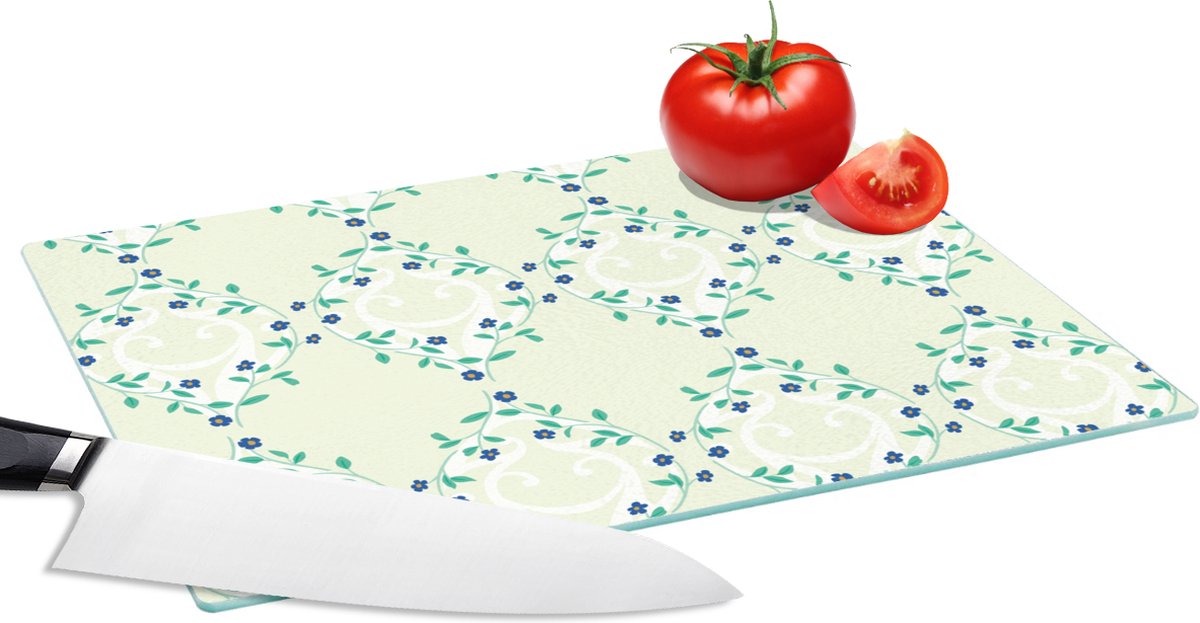 Glazen Snijplank - 28x20 - Groen - Blauw - Bloem - Design - Snijplanken Glas