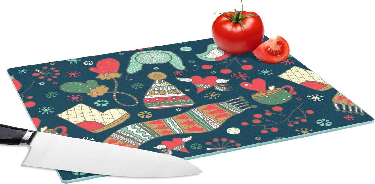 Glazen Snijplank - 39x28 - Winter - Design - Thee - Handschoenen - Muts - Snijplanken Glas